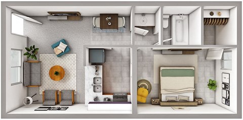 Floor plan for 1 bed, 1 bath, 640 sqft